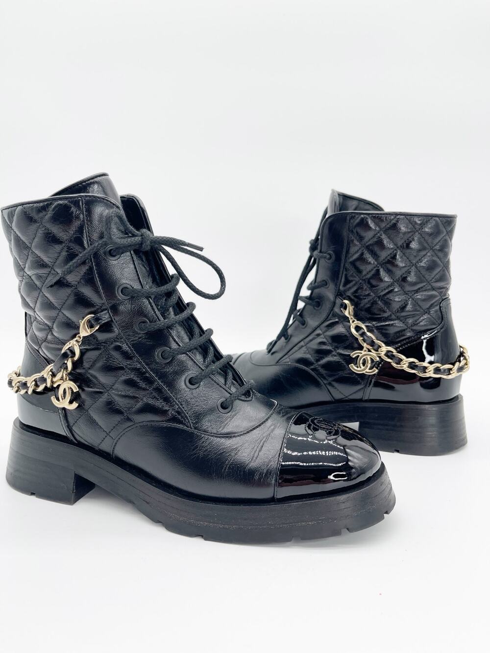 Chanel Black Quilted Patent Cap Toe Leather CC Chain Ankle Combat Boots EU 39.5